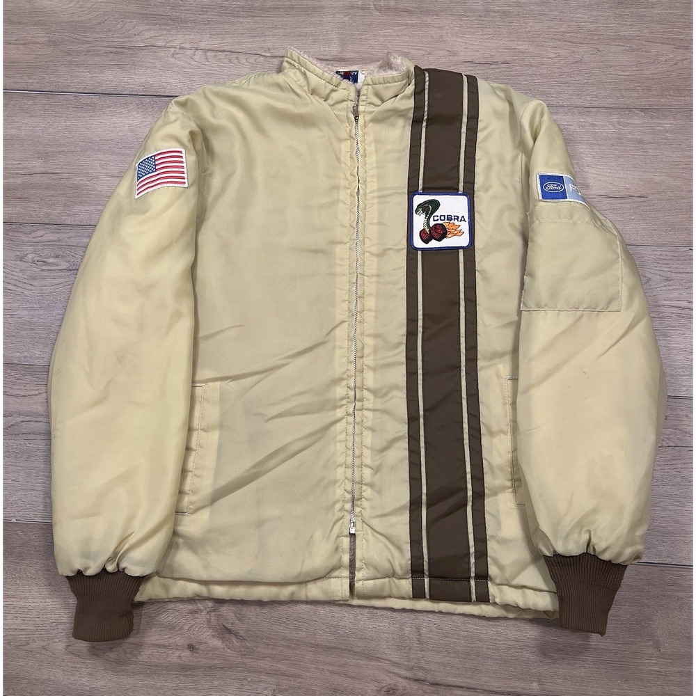 Vintage 70s Ford Mustang Cobra Racing Jacket Size L Brown Tan Fur Lined
